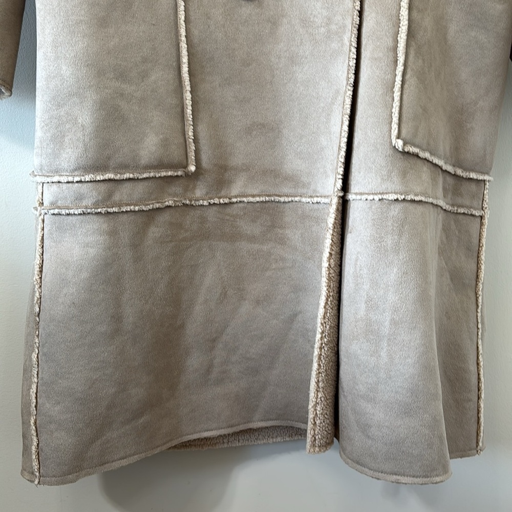 ZARA Contrasting Fleece Suede Long Coat Size Large - Picture 8 of 14